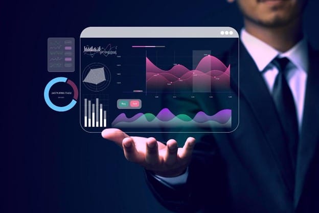 futuristic digital analytics dashboard with graphs and data visualizations